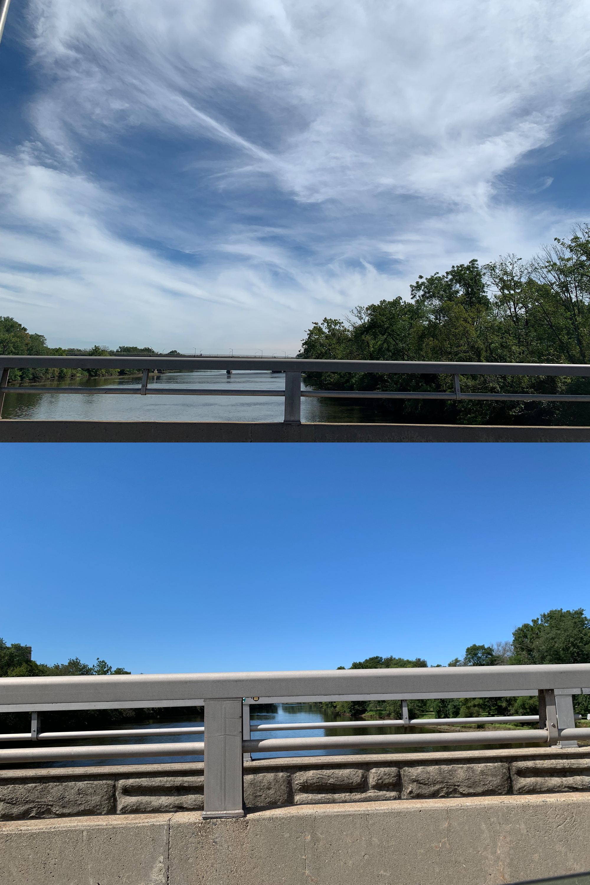 Figure 4. Top: Cirrus cloud cover from the western periphery of Hurricane Lee looking east from Landing Lane Bridge between Piscataway (Middlesex) and New Brunswick (Middlesex) at 12:30 PM EDT on September 15th. Bottom: Deep blue sky looking west from the bridge at the same time (photos by D. Robinson). Top: Cirrus cloud cover from the western periphery of Hurricane Lee looking east from Landing Lane Bridge between Piscataway (Middlesex) and New Brunswick (Middlesex) at 12:30 PM EDT on September 15th. Bottom: Deep blue sky looking west from the bridge at the same time (photos by D. Robinson).