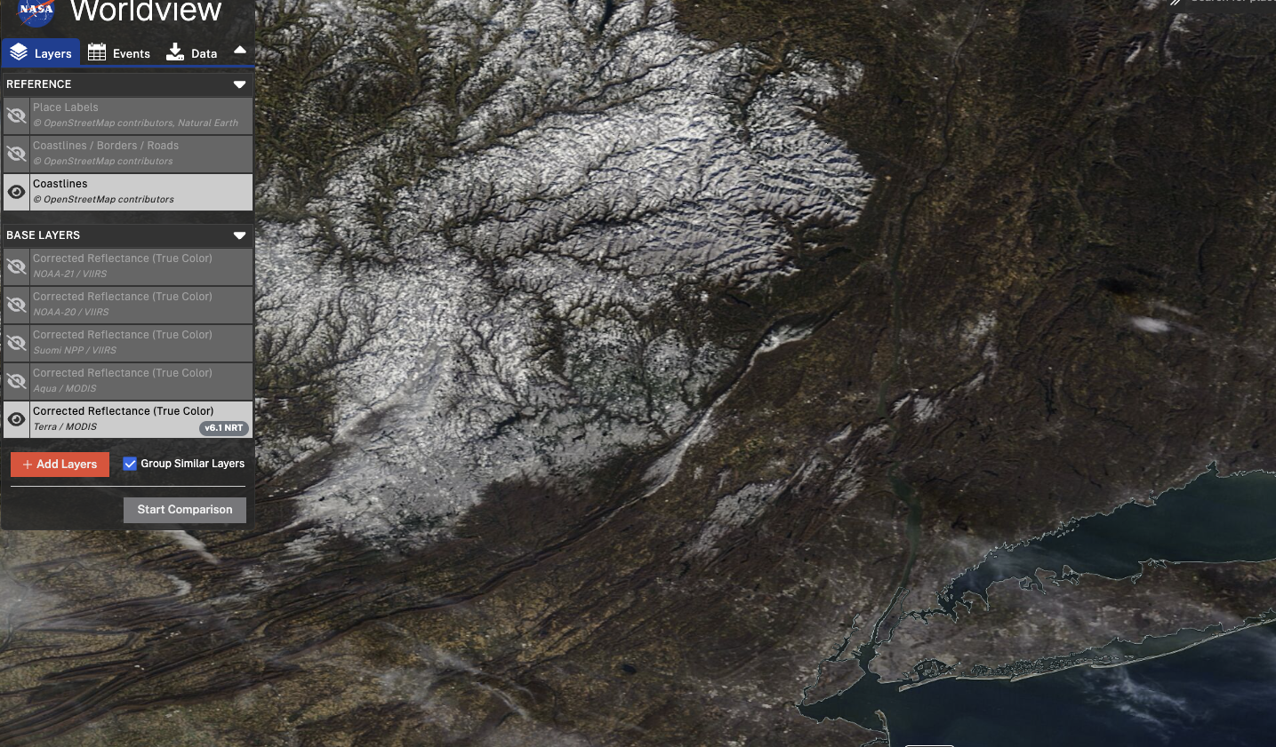 Figure 7. NASA MODIS visible image of northern NJ, southeast NY and northeast PA on the morning of November 25th showing remaining snow cover over the northern NJ Highlands and Kittatinny Ridge, southeast NY hills, the Poconos, and Catskills during the first day with clear skies following the 21st–22nd snowfall. NASA MODIS visible image of northern NJ, southeast NY and northeast PA on the morning of November 25th showing remaining snow cover over the northern NJ Highlands and Kittatinny Ridge, southeast NY hills, the Poconos, and Catskills during the first day with clear skies following the 21st–22nd snowfall.