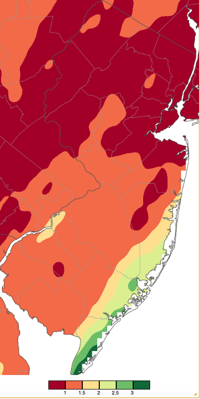 Figure 5. Precipitation across New Jersey from 8 AM on March 16th through 8 AM March 18th based on a PRISM (Oregon State University) analysis generated using NWS Cooperative, CoCoRaHS, NJWxNet, and other professional weather station observations. Note the scale in inches beneath the map, which differs from the Figure 4 scale. Precipitation across New Jersey from 8 AM on March 16th through 8 AM March 18th based on a PRISM (Oregon State University) analysis generated using NWS Cooperative, CoCoRaHS, NJWxNet, and other professional weather station observations.
