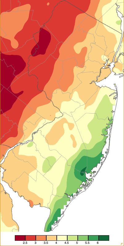 Figure 1. March 2025 precipitation across New Jersey based on a PRISM (Oregon State University) analysis generated using NWS Cooperative, CoCoRaHS, NJWxNet, and other professional weather station observations from 7 AM on February 28th to 8 AM on March 31st. Note the scale in inches at the bottom of the map. Totals range from 2.00”–2.49” (dark red) to 6.00”–6.49” (dark green). March 2025 precipitation across New Jersey based on a PRISM (Oregon State University) analysis generated using NWS Cooperative, CoCoRaHS, NJWxNet, and other professional weather station observations from 7 AM on February 28th to 8 AM on March 31st.
