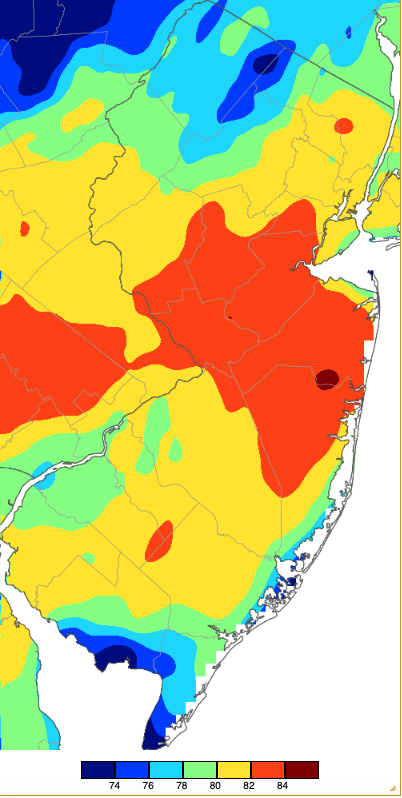 Figure 9. Maximum temperatures on March 29th based on a PRISM (Oregon State University) analysis generated using NWS, NJWxNet, and other professional weather stations. Maximum temperatures on March 29th based on a PRISM (Oregon State University) analysis generated using NWS, NJWxNet, and other professional weather stations.