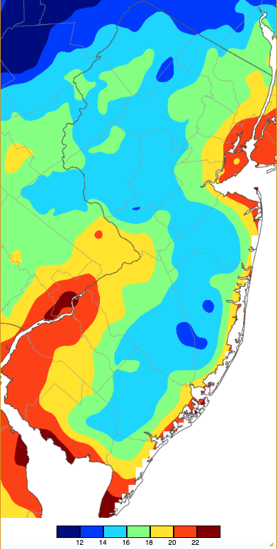 Figure 8. Minimum temperatures on March 3rd based on a PRISM (Oregon State University) analysis generated using NWS, NJWxNet, and other professional weather stations. Note the 2° scale beneath the map. Minimum temperatures on March 3rd based on a PRISM (Oregon State University) analysis generated using NWS, NJWxNet, and other professional weather stations.