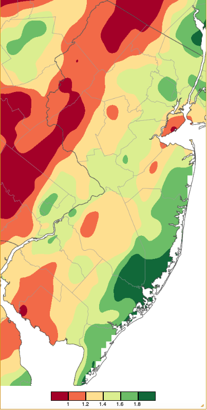 Figure 4. Precipitation across New Jersey from 7 AM on March 5th through 7 AM March 6th based on a PRISM (Oregon State University) analysis generated using NWS Cooperative, CoCoRaHS, NJWxNet, and other professional weather station observations. Note the scale in inches beneath the map. Precipitation across New Jersey from 7 AM on March 5th through 7 AM March 6th based on a PRISM (Oregon State University) analysis generated using NWS Cooperative, CoCoRaHS, NJWxNet, and other professional weather station observations.