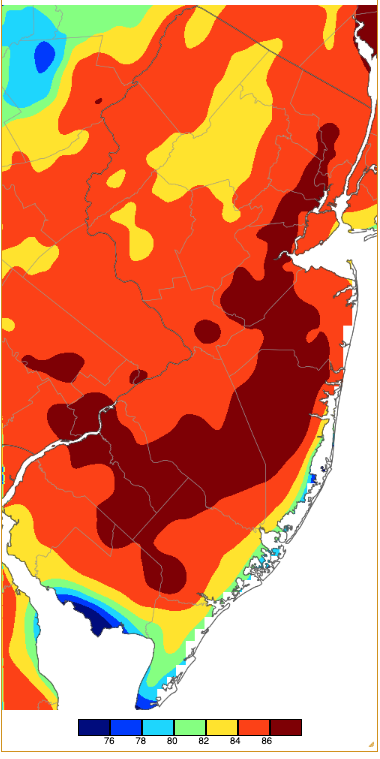 Figure 5. Maximum temperatures on May 12th based on a PRISM (Oregon State University) analysis generated using NWS, NJWxNet, and other professional weather stations. Note the 2-degree scale beneath the map. Maximum temperatures on May 12th based on a PRISM (Oregon State University) analysis generated using NWS, NJWxNet, and other professional weather stations.