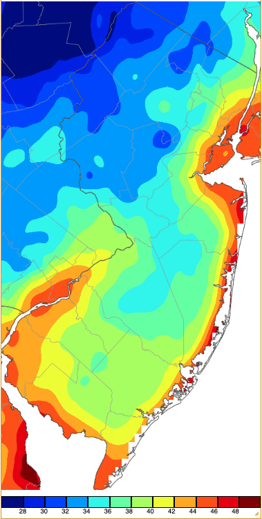 Figure 6. Minimum temperatures on May 18th based on a PRISM (Oregon State University) analysis generated using NWS, NJWxNet, and other professional weather stations. Note the 2-degree scale beneath the map. Minimum temperatures on May 18th based on a PRISM (Oregon State University) analysis generated using NWS, NJWxNet, and other professional weather stations.
