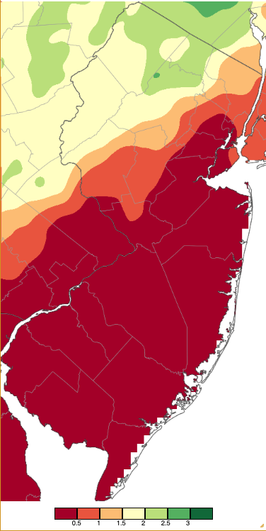 Figure 3. Precipitation across New Jersey from 8 AM on May 8th through 8 AM May 10th based on a PRISM (Oregon State University) analysis generated using NWS Cooperative, CoCoRaHS, NJWxNet, and other professional weather station observations. Note the scale in inches at the bottom of the map. Precipitation across New Jersey from 8 AM on May 8th through 8 AM May 10th based on a PRISM (Oregon State University) analysis generated using NWS Cooperative, CoCoRaHS, NJWxNet, and other professional weather station observations.