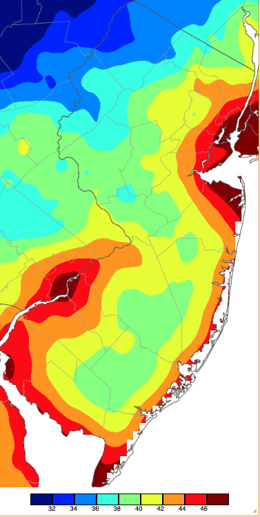Map of minimum temperatures on May 12th based on a PRISM (Oregon State University) analysis generated using NWS, NJWxNet, and other professional weather stations.