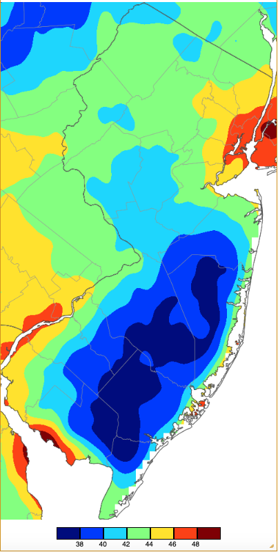 Figure 5. Minimum temperatures on May 13th based on a PRISM (Oregon State University) analysis generated using NWS, NJWxNet, and other professional weather stations. Minimum temperatures on May 13th based on a PRISM (Oregon State University) analysis generated using NWS, NJWxNet, and other professional weather stations.