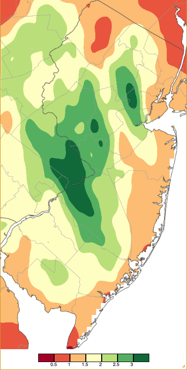 Figure 4. Precipitation across New Jersey from 8 AM on May 12th through 8 AM May 14th based on a PRISM (Oregon State University) analysis generated using NWS Cooperative, CoCoRaHS, NJWxNet, and other professional weather station observations. Precipitation across New Jersey from 8 AM on May 12th through 8 AM May 14th based on a PRISM (Oregon State University) analysis generated using NWS Cooperative, CoCoRaHS, NJWxNet, and other professional weather station observations.