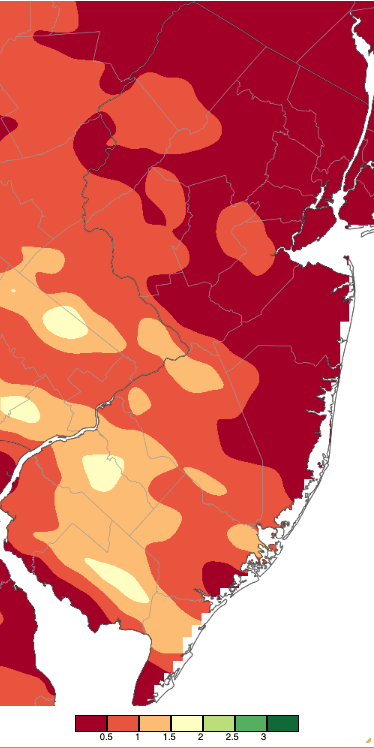 Figure 5. Precipitation across New Jersey from 8 AM on May 16th through 8 AM May 17th based on a PRISM (Oregon State University) analysis generated using NWS Cooperative, CoCoRaHS, NJWxNet, and other professional weather station observations. Precipitation across New Jersey from 8 AM on May 16th through 8 AM May 17th based on a PRISM (Oregon State University) analysis generated using NWS Cooperative, CoCoRaHS, NJWxNet, and other professional weather station observations.