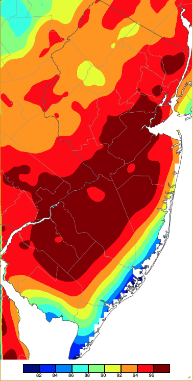 Map of maximum temperatures on May 19th based on a PRISM (Oregon State University) analysis generated using NWS, NJWxNet, and other professional weather stations.