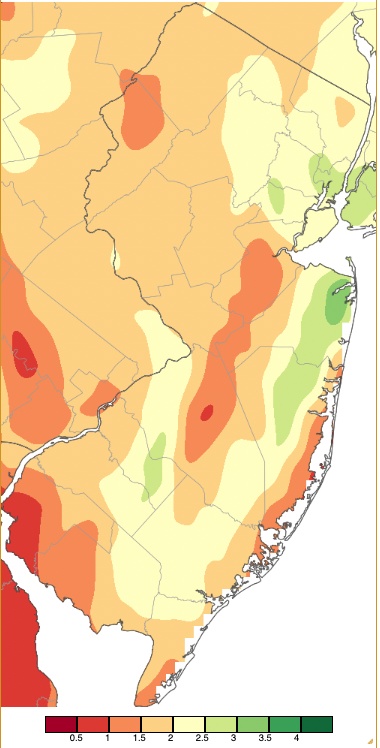 Figure 8. Precipitation across New Jersey from 8 AM on April 30th through 8 AM May 1st based on a PRISM (Oregon State University) analysis generated using NWS Cooperative, CoCoRaHS, NJWxNet, and other professional weather station observations. Note the scale in inches beneath the map. Precipitation across New Jersey from 8 AM on April 30th through 8 AM May 1st based on a PRISM (Oregon State University) analysis generated using NWS Cooperative, CoCoRaHS, NJWxNet, and other professional weather station observations.