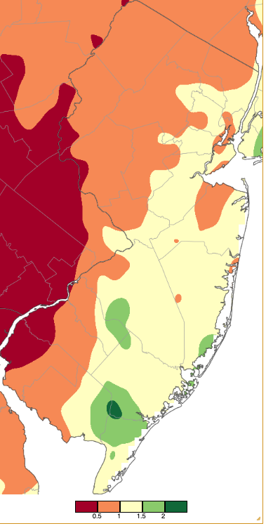 Figure 2. May 2–31, 2023, precipitation across New Jersey based on a PRISM (Oregon State University) analysis generated using NWS Cooperative, CoCoRaHS, NJWxNet, and other professional weather station observations from approximately 8 AM on May 1st to 8 AM on May 31st. Note the scale in inches at the bottom of the map. Totals range from 0.50”–1.00” (dark red) to 2.00”–2.50” (dark green). May 2–31, 2023, precipitation across New Jersey based on a PRISM (Oregon State University) analysis generated using NWS Cooperative, CoCoRaHS, NJWxNet, and other professional weather station observations from approximately 8 AM on May 1st to 8 AM on May 31st.