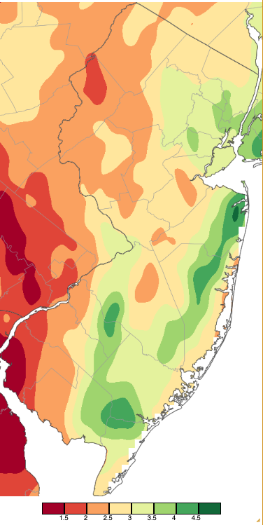 Figure 1. May 2023 precipitation across New Jersey based on a PRISM (Oregon State University) analysis generated using NWS Cooperative, CoCoRaHS, NJWxNet, and other professional weather station observations from approximately 8 AM on April 30th to 8 AM on May 31st. Note the scale in inches at the bottom of the map. Totals range from 1.00”–1.50” (dark red) to 4.50”–5.00” (dark green). May 2023 precipitation across New Jersey based on a PRISM (Oregon State University) analysis generated using NWS Cooperative, CoCoRaHS, NJWxNet, and other professional weather station observations from approximately 8 AM on April 30th to 8 AM on May 31st.
