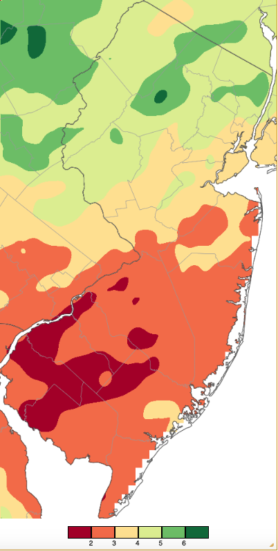 Figure 1. May 2024 precipitation across New Jersey based on a PRISM (Oregon State University) analysis generated using NWS Cooperative, CoCoRaHS, NJWxNet, and other professional weather station observations from 8 AM on April 30th to 8 AM on May 31st. Note the scale in inches at the bottom of the map. Totals range from 1.00”–1.99” (dark red) to 6.00”–6.99” (dark green). May 2024 precipitation across New Jersey based on a PRISM (Oregon State University) analysis generated using NWS Cooperative, CoCoRaHS, NJWxNet, and other professional weather station observations from 8 AM on April 30th to 8 AM on May 31st.