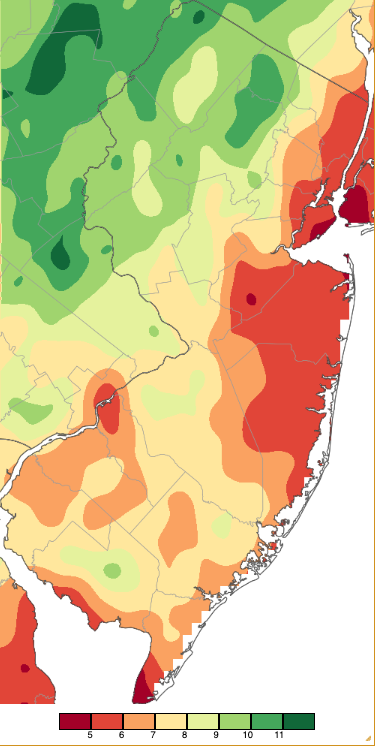 Figure 1. May 2025 precipitation across New Jersey based on a PRISM (Oregon State University) analysis generated using NWS Cooperative, CoCoRaHS, NJWxNet, and other professional weather station observations from 8 AM on April 30th to 8 AM on May 31st. Note the scale in inches at the bottom of the map. Totals range from 4.00”–4.99” (dark red) to 11.00”–11.99” (dark green). May 2025 precipitation across New Jersey based on a PRISM (Oregon State University) analysis generated using NWS Cooperative, CoCoRaHS, NJWxNet, and other professional weather station observations from 8 AM on April 30th to 8 AM on May 31st.