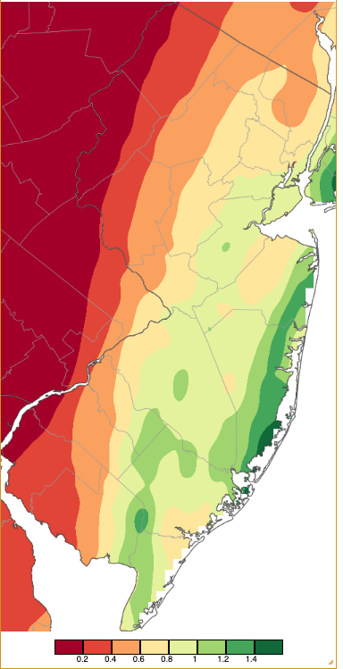 Figure 8. Precipitation across New Jersey from 8 AM on May 19th through 8 AM May 21st based on a PRISM (Oregon State University) analysis generated using NWS Cooperative, CoCoRaHS, NJWxNet, and other professional weather station observations. Note the scale in inches beneath the map. Precipitation across New Jersey from 8 AM on May 19th through 8 AM May 21st based on a PRISM (Oregon State University) analysis generated using NWS Cooperative, CoCoRaHS, NJWxNet, and other professional weather station observations.
