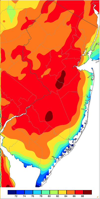 Figure 4. Maximum temperatures on May 22nd based on a PRISM (Oregon State University) analysis generated using NWS, NJWxNet, and other professional weather stations. Maximum temperatures on May 22nd based on a PRISM (Oregon State University) analysis generated using NWS, NJWxNet, and other professional weather stations.