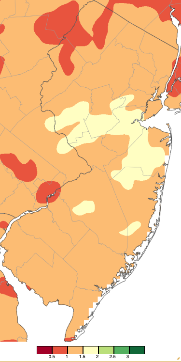 Figure 7. Precipitation across New Jersey from 8 AM on May 20th through 8 AM May 23rd based on a PRISM (Oregon State University) analysis generated using NWS Cooperative, CoCoRaHS, NJWxNet, and other professional weather station observations. Precipitation across New Jersey from 8 AM on May 20th through 8 AM May 23rd based on a PRISM (Oregon State University) analysis generated using NWS Cooperative, CoCoRaHS, NJWxNet, and other professional weather station observations.