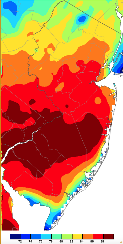 Figure 2. Maximum temperatures on May 2nd based on a PRISM (Oregon State University) analysis generated using NWS, NJWxNet, and other professional weather stations. Note the 2-degree scale beneath the map. Maximum temperatures on May 2nd based on a PRISM (Oregon State University) analysis generated using NWS, NJWxNet, and other professional weather stations.