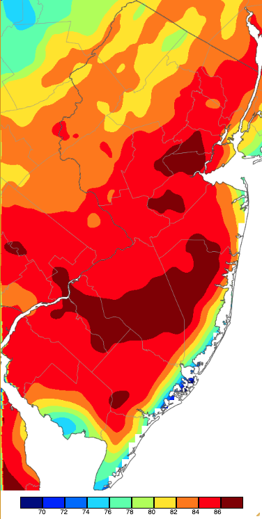 Figure 11. Maximum temperatures on May 2nd based on a PRISM (Oregon State University) analysis generated using NWS, NJWxNet, and other professional weather stations. Note the 2-degree scale beneath the map. Maximum temperatures on May 2nd based on a PRISM (Oregon State University) analysis generated using NWS, NJWxNet, and other professional weather stations.