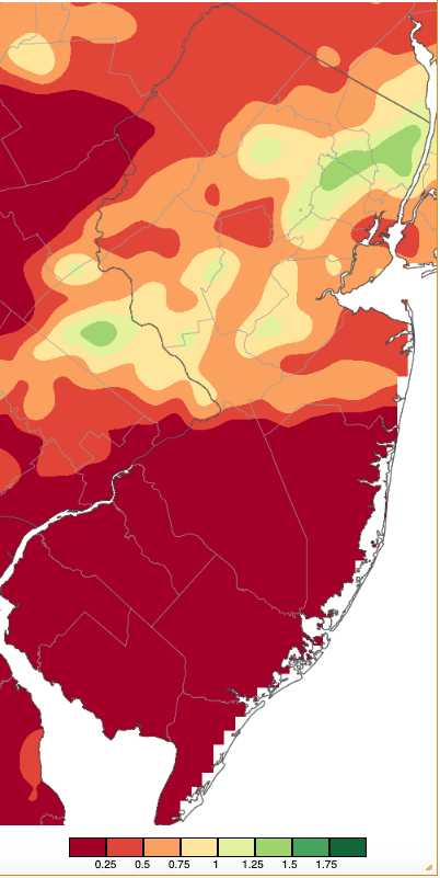 Figure 10. Precipitation across New Jersey from 8 AM on May 29th through 8 AM May 30th based on a PRISM (Oregon State University) analysis generated using NWS Cooperative, CoCoRaHS, NJWxNet, and other professional weather station observations. Precipitation across New Jersey from 8 AM on May 29th through 8 AM May 30th based on a PRISM (Oregon State University) analysis generated using NWS Cooperative, CoCoRaHS, NJWxNet, and other professional weather station observations.