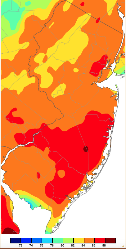 Figure 3. Maximum temperatures on May 8th based on a PRISM (Oregon State University) analysis generated using NWS, NJWxNet, and other professional weather stations. Maximum temperatures on May 8th based on a PRISM (Oregon State University) analysis generated using NWS, NJWxNet, and other professional weather stations.