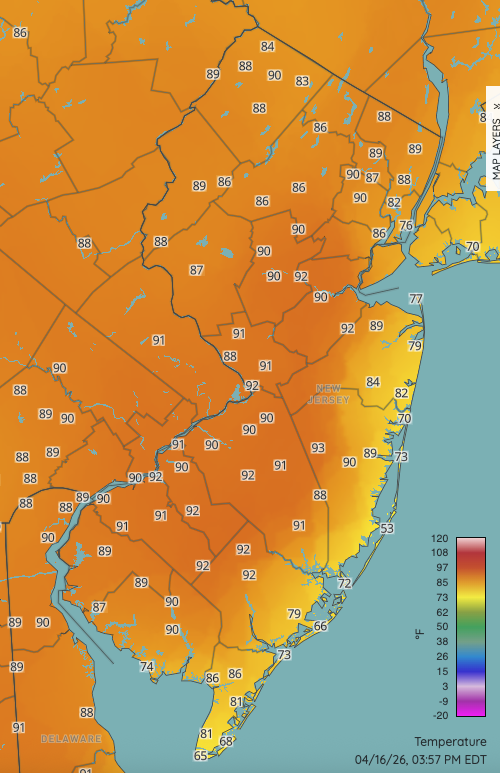 Figure 4. NJWxNet map showing temperatures across NJ and surroundings at 3:57 PM on April 16th as a strong sea breeze results from an early-season heatwave. NJWxNet map showing temperatures across NJ and surroundings at 3:57 PM on April 16th as a strong sea breeze results from an early-season heatwave.