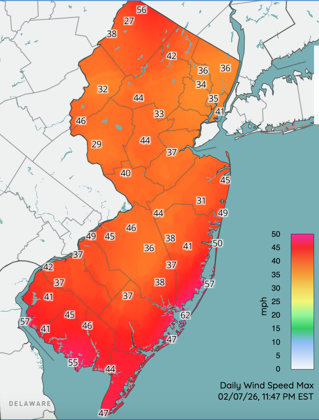 Figure 2. Daily wind speed maximums in mph at NJWxNet stations on February 7th. Not all NJWxNet reports appear on the map. Map of daily wind speed maximums in mph at NJWxNet stations on February 7th.