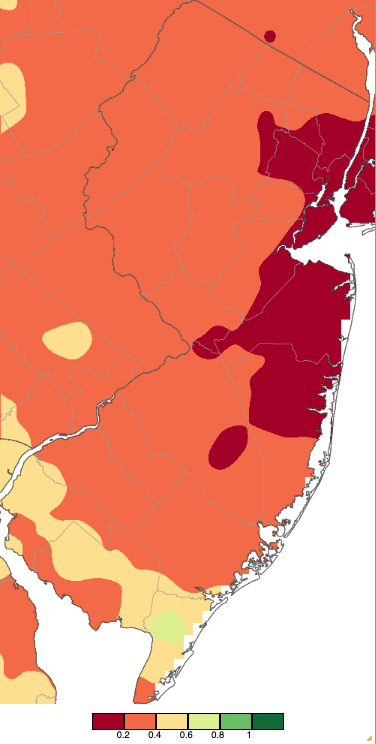 Figure 4. Precipitation across New Jersey from 7 AM on November 10th through 7 AM November 11th based on a PRISM (Oregon State University) analysis generated using NWS Cooperative, CoCoRaHS, NJWxNet, and other professional weather station observations. Note the scale in inches beneath the map. Precipitation across New Jersey from 7 AM on November 10th through 7 AM November 11th based on a PRISM (Oregon State University) analysis generated using NWS Cooperative, CoCoRaHS, NJWxNet, and other professional weather station observations.