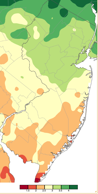 Figure 1. November 2024 precipitation across New Jersey based on a PRISM (Oregon State University) analysis generated using NWS Cooperative, CoCoRaHS, NJWxNet, and other professional weather station observations from approximately 8 AM on October 31st to 7 AM on November 30th. Note the scale in inches at the bottom of the map. Totals range from 1.00”–1.49” (dark red) to 4.00”–4.49” (dark green). November 2024 precipitation across New Jersey based on a PRISM (Oregon State University) analysis generated using NWS Cooperative, CoCoRaHS, NJWxNet, and other professional weather station observations from approximately 8 AM on October 31st to 7 AM on November 30th.