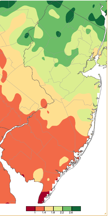 Figure 5. Precipitation across New Jersey from 7 AM on November 20th through 7 AM November 23rd based on a PRISM (Oregon State University) analysis generated using NWS Cooperative, CoCoRaHS, NJWxNet, and other professional weather station observations. Precipitation across New Jersey from 7 AM on November 20th through 7 AM November 23rd based on a PRISM (Oregon State University) analysis generated using NWS Cooperative, CoCoRaHS, NJWxNet, and other professional weather station observations.