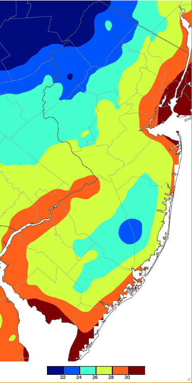 Figure 11. Minimum temperatures on November 30th based on a PRISM (Oregon State University) analysis generated using NWS, NJWxNet, and other professional weather stations. Minimum temperatures on November 30th based on a PRISM (Oregon State University) analysis generated using NWS, NJWxNet, and other professional weather stations.