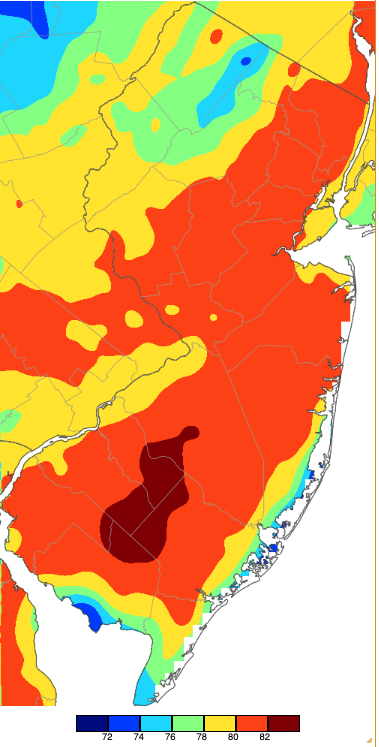 Figure 10. Maximum temperatures on November 6th based on a PRISM (Oregon State University) analysis generated using NWS, NJWxNet, and other professional weather stations. Note the 2° scale beneath the map. Maximum temperatures on November 6th based on a PRISM (Oregon State University) analysis generated using NWS, NJWxNet, and other professional weather stations.
