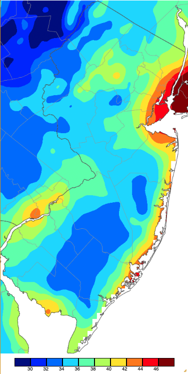 Figure 3. Minimum temperatures on October 24th based on a PRISM (Oregon State University) analysis generated using NWS, NJWxNet, and other professional weather stations. Note the 2° scale beneath the map. Minimum temperatures on October 24th based on a PRISM (Oregon State University) analysis generated using NWS, NJWxNet, and other professional weather stations.