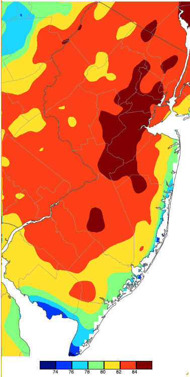 Figure 2. Maximum temperatures on October 4th based on a PRISM (Oregon State University) analysis generated using NWS, NJWxNet, and other professional weather stations. Note the 2° scale beneath the map. Maximum temperatures on October 4th based on a PRISM (Oregon State University) analysis generated using NWS, NJWxNet, and other professional weather stations.
