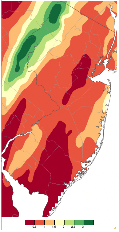 Figure 7. Precipitation across New Jersey from 8 AM on October 12th through 8 AM October 14th based on a PRISM (Oregon State University) analysis generated using generated using NWS Cooperative and CoCoRaHS observations. Note the scale in inches beneath the map. Precipitation across New Jersey from 8 AM on October 12th through 8 AM October 14th based on a PRISM (Oregon State University) analysis generated using generated using NWS Cooperative and CoCoRaHS observations. Note the scale in inches beneath the map.