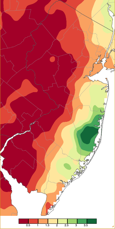 Figure 3. Precipitation across New Jersey from 8 AM on October 12th through 8 AM October 14th based on a PRISM (Oregon State University) analysis generated using NWS Cooperative, CoCoRaHS, NJWxNet, and other professional weather station observations. Note the scale in inches beneath the map, which differs from Figure 2. Precipitation across New Jersey from 8 AM on October 12th through 8 AM October 14th based on a PRISM (Oregon State University) analysis generated using NWS Cooperative, CoCoRaHS, NJWxNet, and other professional weather station observations.