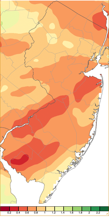 Figure 8. Precipitation across New Jersey from 8 AM on October 14th through 8 AM October 15th based on a PRISM (Oregon State University) analysis generated using NWS Cooperative, CoCoRaHS, NJWxNet, and other professional weather station observations. Precipitation across New Jersey from 8 AM on October 14th through 8 AM October 15th based on a PRISM (Oregon State University) analysis generated using NWS Cooperative, CoCoRaHS, NJWxNet, and other professional weather station observations.