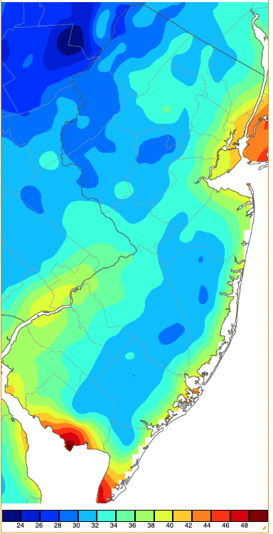 Figure 11. Minimum temperatures on October 19th based on a PRISM (Oregon State University) analysis generated using NWS, NJWxNet, and other professional weather stations. Note the 2-degree increment scale beneath the map. Minimum temperatures on October 19th based on a PRISM (Oregon State University) analysis generated using NWS, NJWxNet, and other professional weather stations.