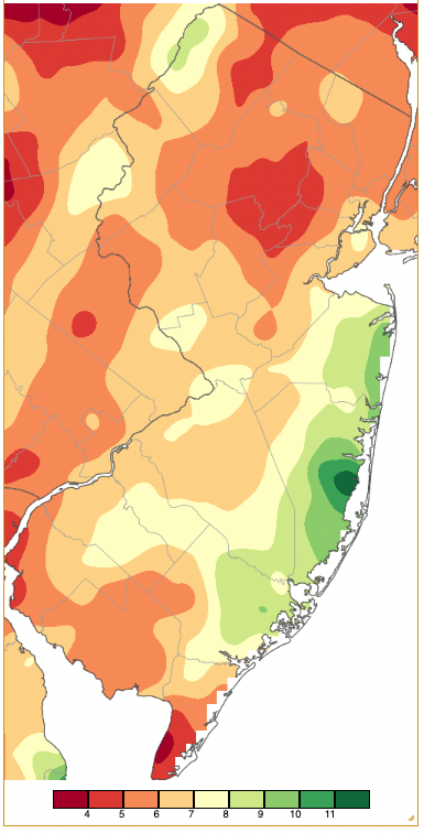 Figure 1. October 2022 precipitation across New Jersey based on a PRISM (Oregon State University) analysis generated using NWS Cooperative and CoCoRaHS observations from 8 AM on September 30th to 8 AM on October 31st. Note the scale in full inches at the bottom of the map. Totals range from 3.00–4.00” (dark red) to 12.00”–13.00” (dark green). October 2022 precipitation across New Jersey based on a PRISM (Oregon State University) analysis generated using NWS Cooperative and CoCoRaHS observations from 8 AM on September 30th to 8 AM on October 31st.