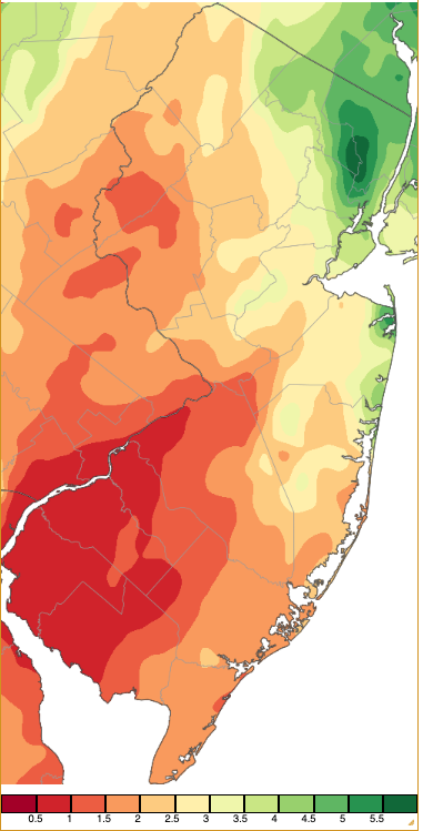 Figure 1. October 2023 precipitation across New Jersey based on a PRISM (Oregon State University) analysis generated using NWS Cooperative, CoCoRaHS, NJWxNet, and other professional weather station observations from approximately 8 AM on September 30th to 8 AM on October 31st. Note the scale in inches at the bottom of the map. Totals range from 0.00”–0.50” (dark red) to 5.50”–6.00” (dark green). October 2023 precipitation across New Jersey based on a PRISM (Oregon State University) analysis generated using NWS Cooperative, CoCoRaHS, NJWxNet, and other professional weather station observations from approximately 8 AM on September 30th to 8 AM on October 31st.