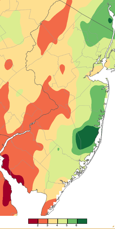 Figure 1. October 2025 precipitation across New Jersey based on a PRISM (Oregon State University) analysis generated using NWS Cooperative, CoCoRaHS, NJWxNet, and other professional weather station observations from approximately 8 AM on September 30th to 8 AM on October 31st. Note the scale in inches at the bottom of the map. Totals range from 1.00”–2.00” (dark red) to 6.00”–7.00” (dark green). October 2025 precipitation across New Jersey based on a PRISM (Oregon State University) analysis generated using NWS Cooperative, CoCoRaHS, NJWxNet, and other professional weather station observations from approximately 8 AM on September 30th to 8 AM on October 31st.