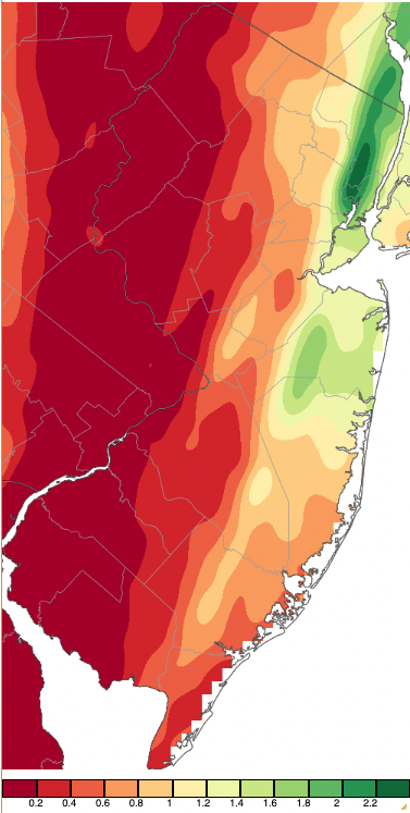 Figure 9. Precipitation across New Jersey from 8 AM on October 19th through 8 AM October 22nd based on a PRISM (Oregon State University) analysis generated using NWS Cooperative, CoCoRaHS, NJWxNet, and other professional weather station observations. Precipitation across New Jersey from 8 AM on October 19th through 8 AM October 22nd based on a PRISM (Oregon State University) analysis generated using NWS Cooperative, CoCoRaHS, NJWxNet, and other professional weather station observations.