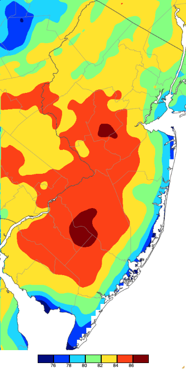 Figure 5. Maximum temperatures on October 22nd based on a PRISM (Oregon State University) analysis generated using NWS, NJWxNet, and other professional weather stations. Note the 2° scale beneath the map. Maximum temperatures on October 22nd based on a PRISM (Oregon State University) analysis generated using NWS, NJWxNet, and other professional weather stations.