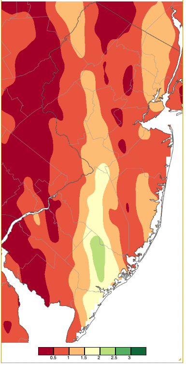 Figure 8. Precipitation across New Jersey from 8 AM on October 23rd through 8 AM October 26th based on a PRISM (Oregon State University) analysis generated using generated using NWS Cooperative and CoCoRaHS observations. Note the scale in inches beneath the map. Precipitation across New Jersey from 8 AM on October 23rd through 8 AM October 26th based on a PRISM (Oregon State University) analysis generated using generated using NWS Cooperative and CoCoRaHS observations.