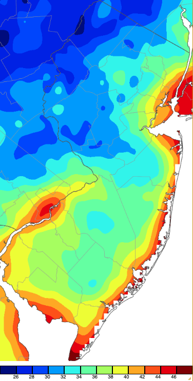 Figure 8. Minimum temperatures on October 27th based on a PRISM (Oregon State University) analysis generated using NWS, NJWxNet, and other professional weather stations. Minimum temperatures on October 27th based on a PRISM (Oregon State University) analysis generated using NWS, NJWxNet, and other professional weather stations.
