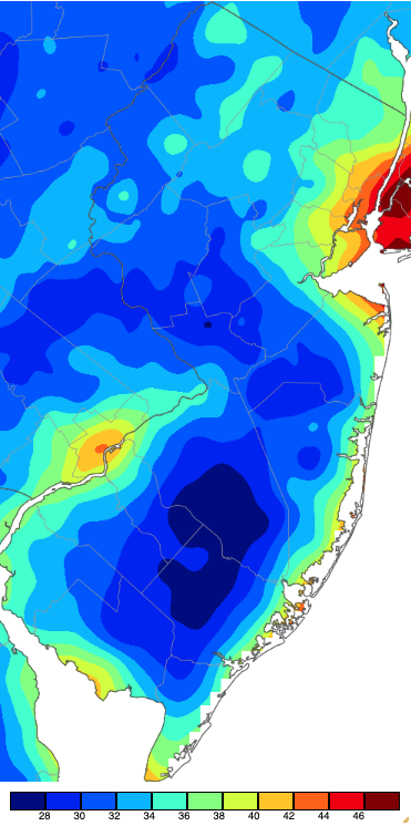 Figure 6. Minimum temperatures on October 28th based on a PRISM (Oregon State University) analysis generated using NWS, NJWxNet, and other professional weather stations. Minimum temperatures on October 28th based on a PRISM (Oregon State University) analysis generated using NWS, NJWxNet, and other professional weather stations.