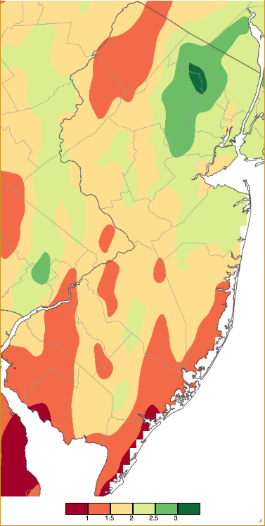 Figure 5. Precipitation across New Jersey from 8 AM on October 29th through 8 AM October 31st based on a PRISM (Oregon State University) analysis generated using NWS Cooperative, CoCoRaHS, NJWxNet, and other professional weather station observations. Precipitation across New Jersey from 8 AM on October 29th through 8 AM October 31st based on a PRISM (Oregon State University) analysis generated using NWS Cooperative, CoCoRaHS, NJWxNet, and other professional weather station observations.