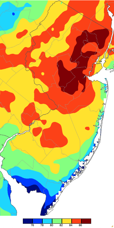 Figure 7. Maximum temperatures on October 5th based on a PRISM (Oregon State University) analysis generated using NWS, NJWxNet, and other professional weather stations. Note the 2° scale beneath the map. Maximum temperatures on October 5th based on a PRISM (Oregon State University) analysis generated using NWS, NJWxNet, and other professional weather stations.